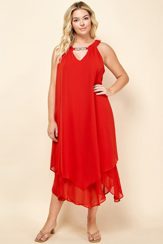 PLUS RUFFLE HEM DRESS WITH NECK TRIM  Ada's Boutique