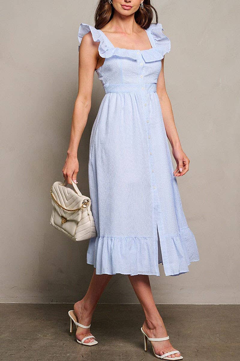 SLEEVELESS RUFFLE BUTTON UP DETAILED MAXI DRESS