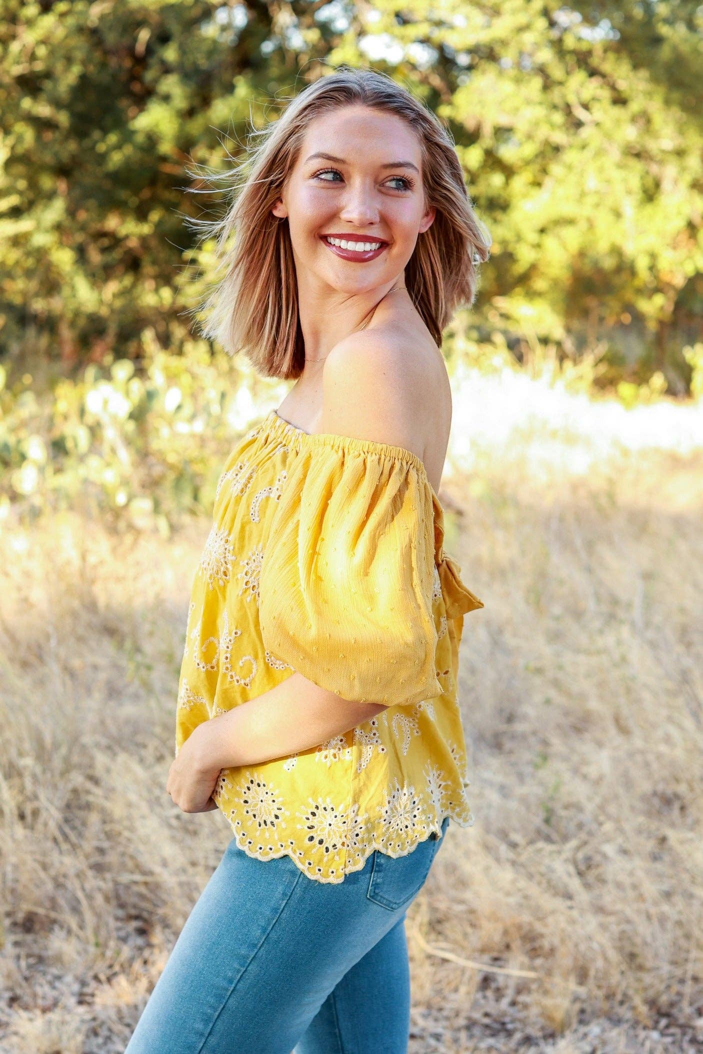 Make them stare mustard floral puff sleeve