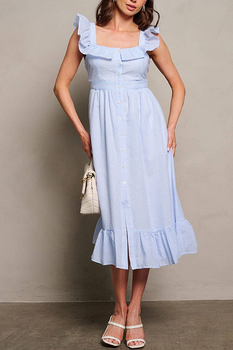 SLEEVELESS RUFFLE BUTTON UP DETAILED MAXI DRESS