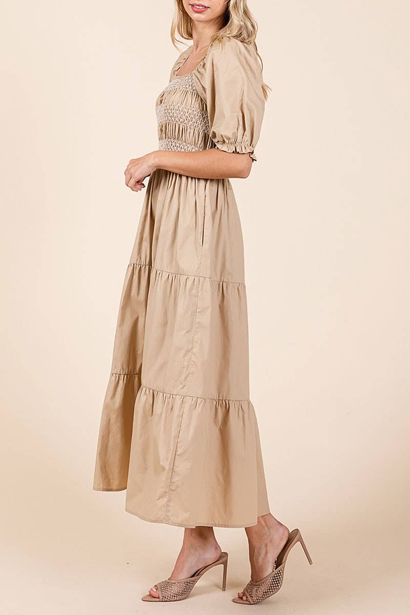 SMOCKED TIERED MIDI DRESS