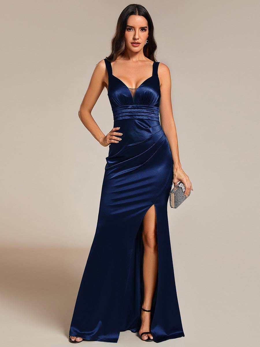 Long V-Neck Ruched Satin Evening Dress