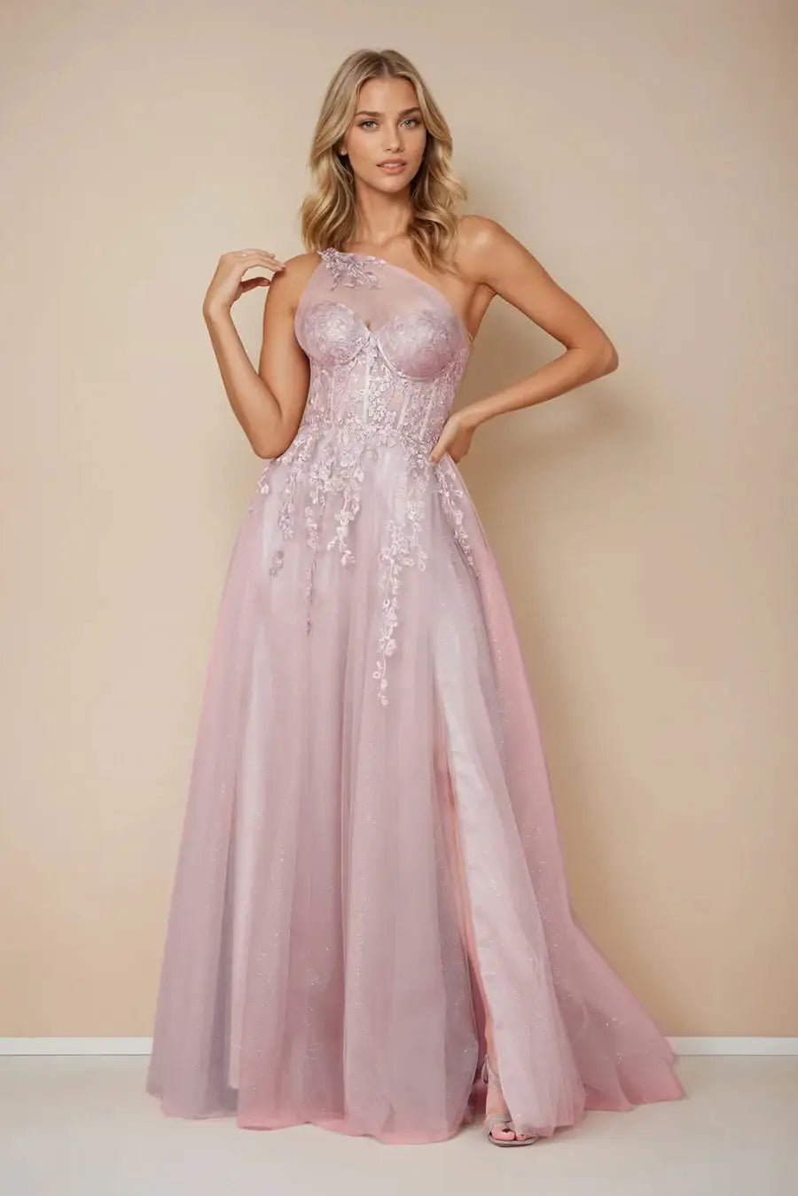 Long One Shoulder Mauve Prom Ball Gown - Glitter Tulle Skirt - Size 8 - The Dress Outlet - The Dress Outlet Long One Shoulder Mauve Prom Ball Gown - Glitter Tulle Skirt - Size 8 - The Dress Outlet - The Dress Outlet