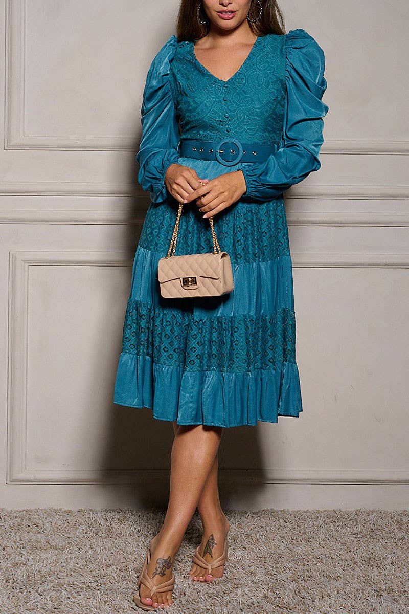 LONG SLEEVE V-NECK BELTED LACE DETAILED MIDI DRESS