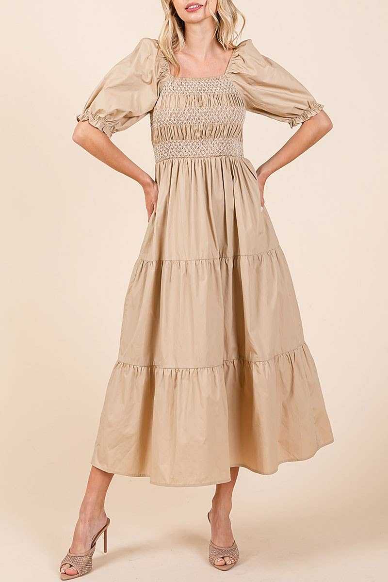 SMOCKED TIERED MIDI DRESS