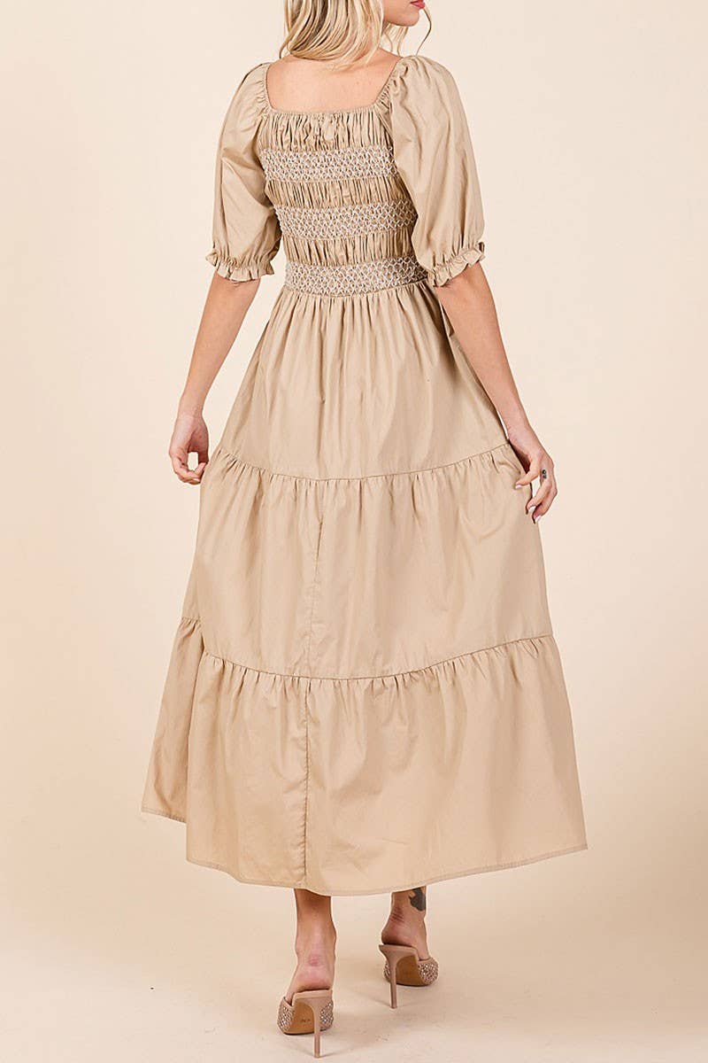 SMOCKED TIERED MIDI DRESS