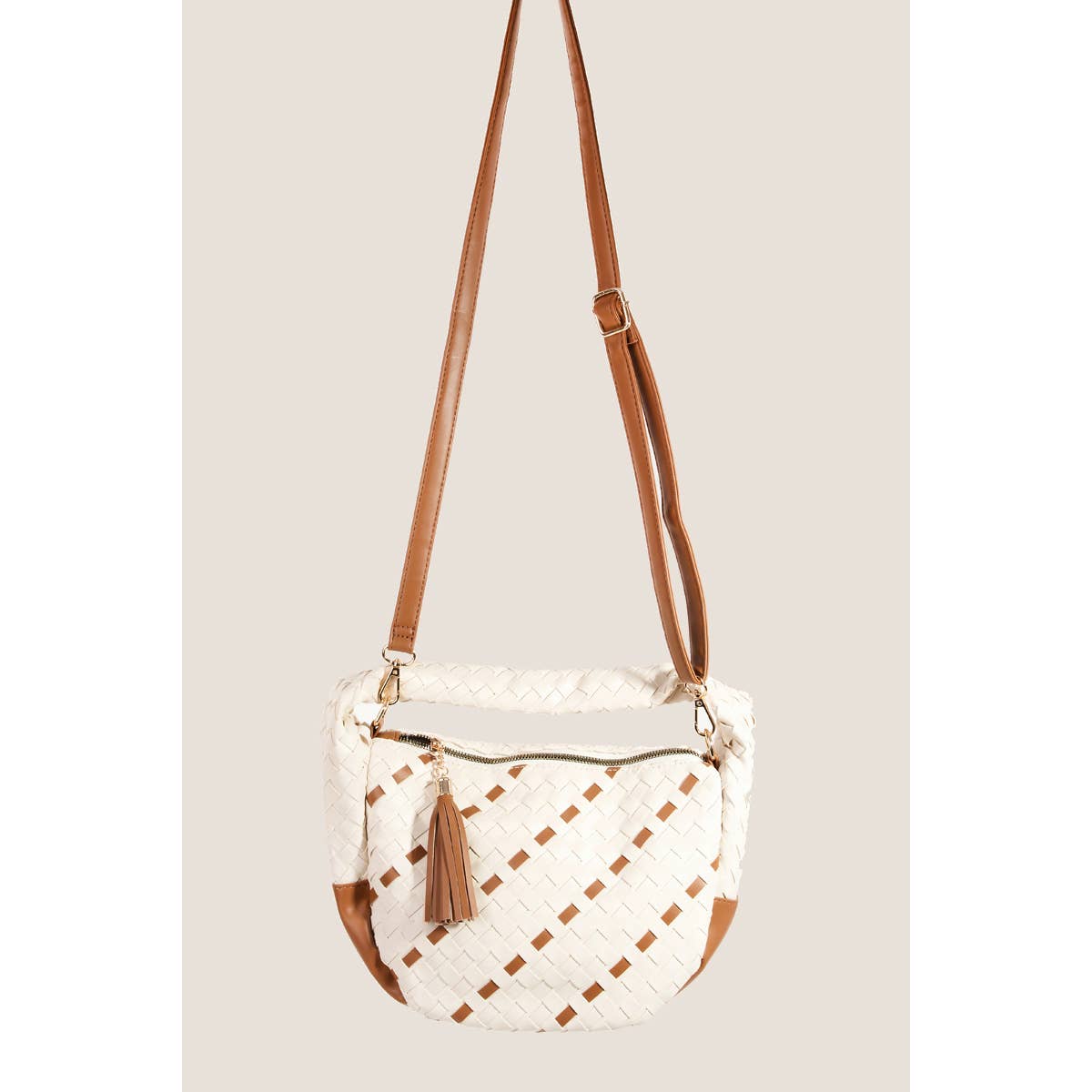 Faux Leather Basket Weave Semi Circle Bag