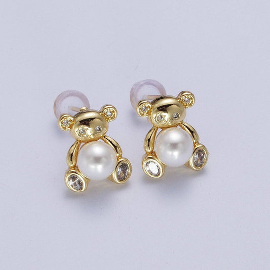 Gold Bear Stud Earring with Pearl