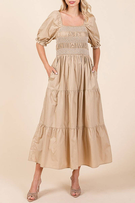 SMOCKED TIERED MIDI DRESS