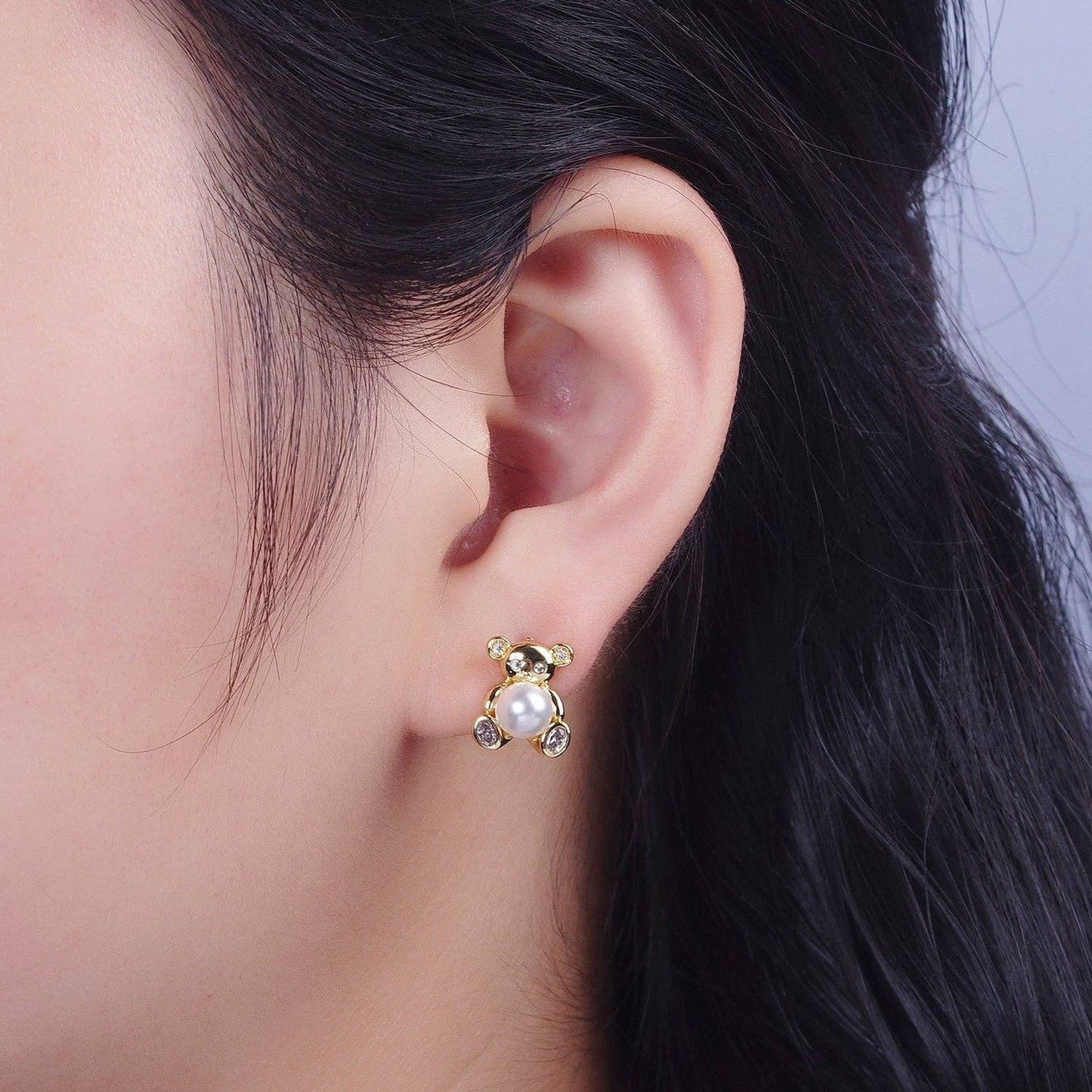 Gold Bear Stud Earring with Pearl