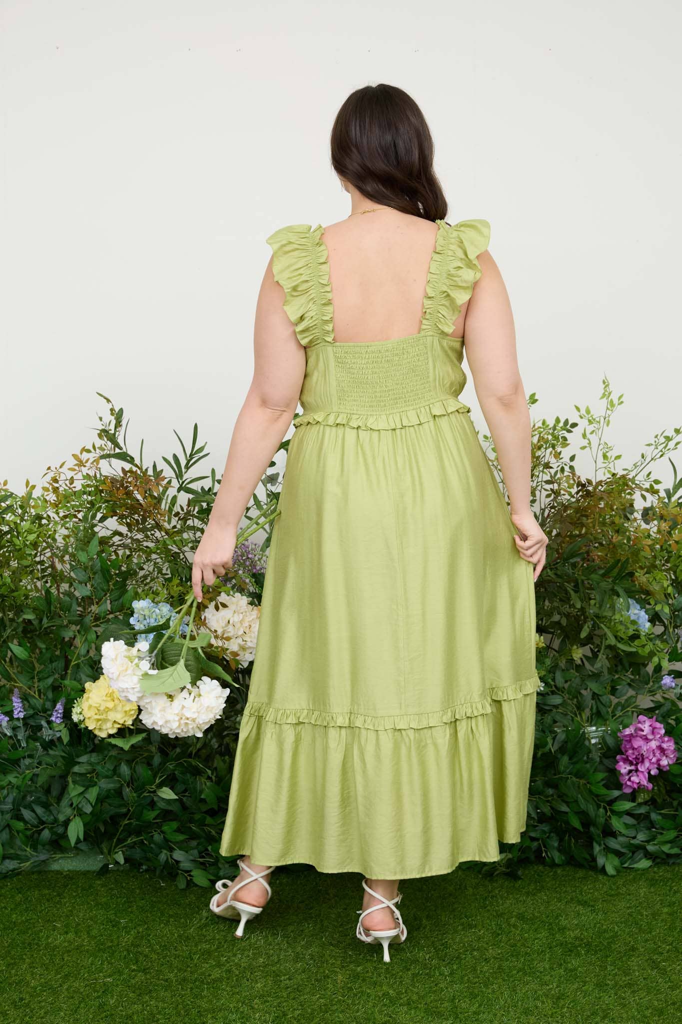GREENY RUFFLE MIDI DRESS