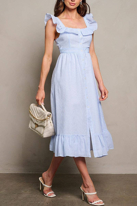 SLEEVELESS RUFFLE BUTTON UP DETAILED MAXI DRESS