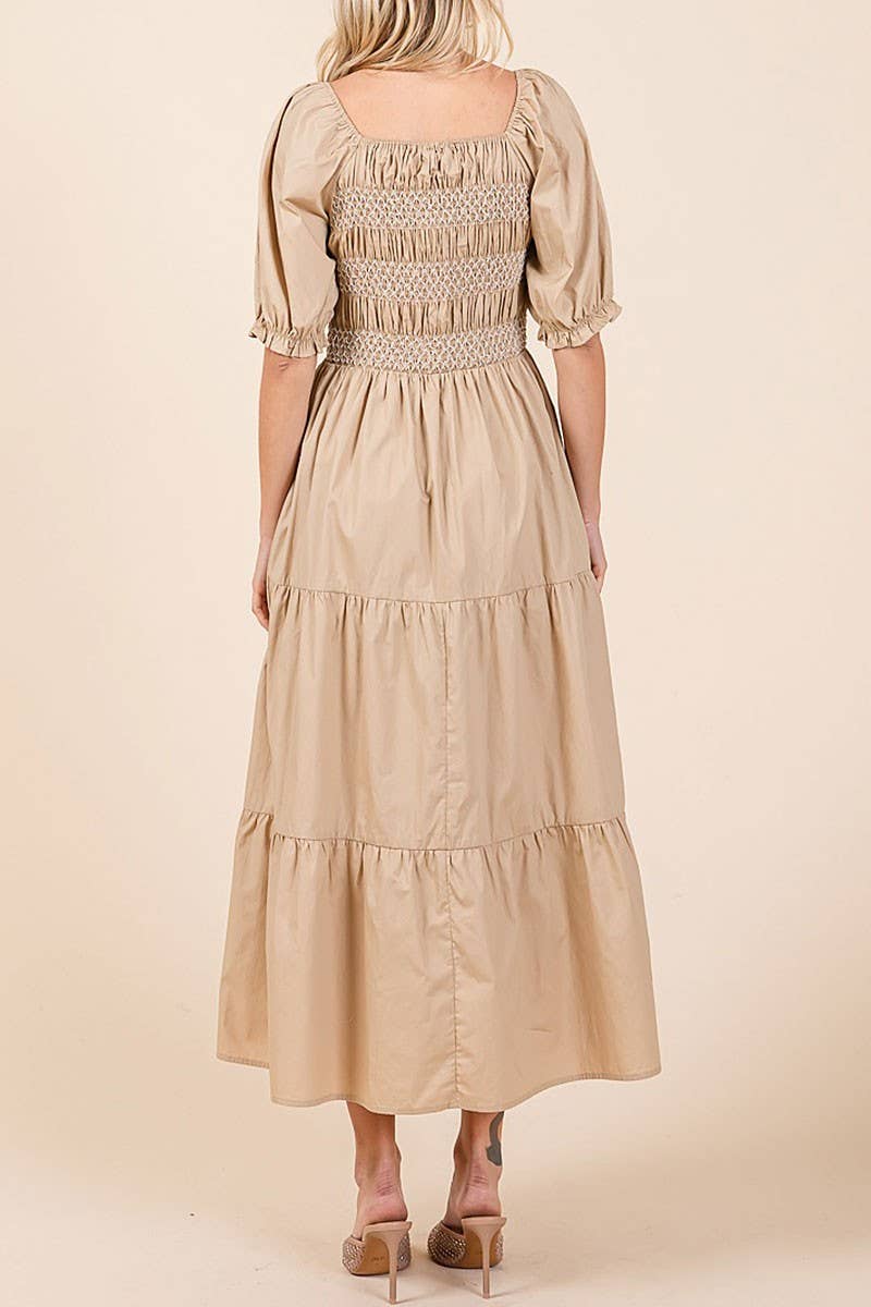 SMOCKED TIERED MIDI DRESS