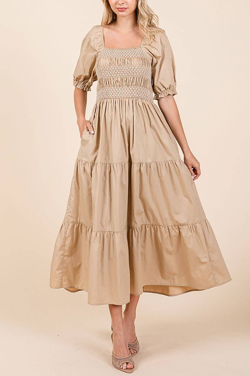 SMOCKED TIERED MIDI DRESS