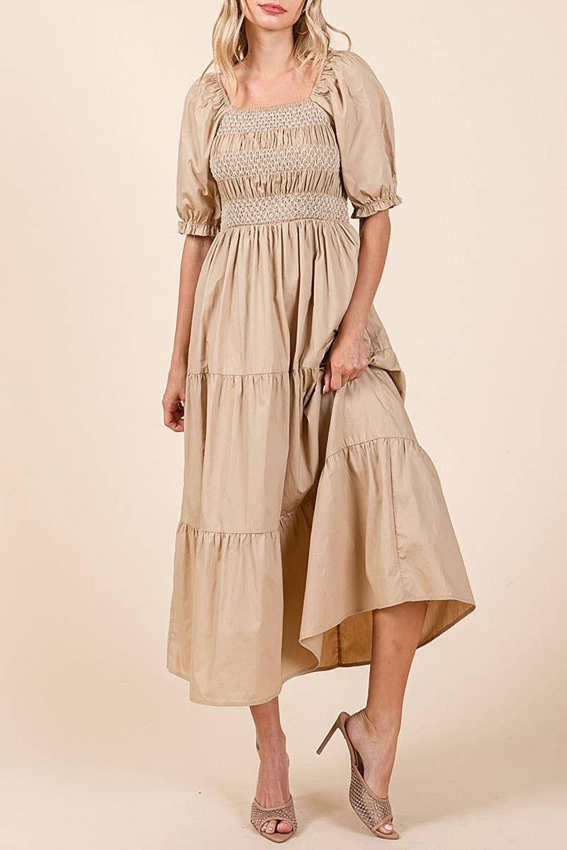SMOCKED TIERED MIDI DRESS