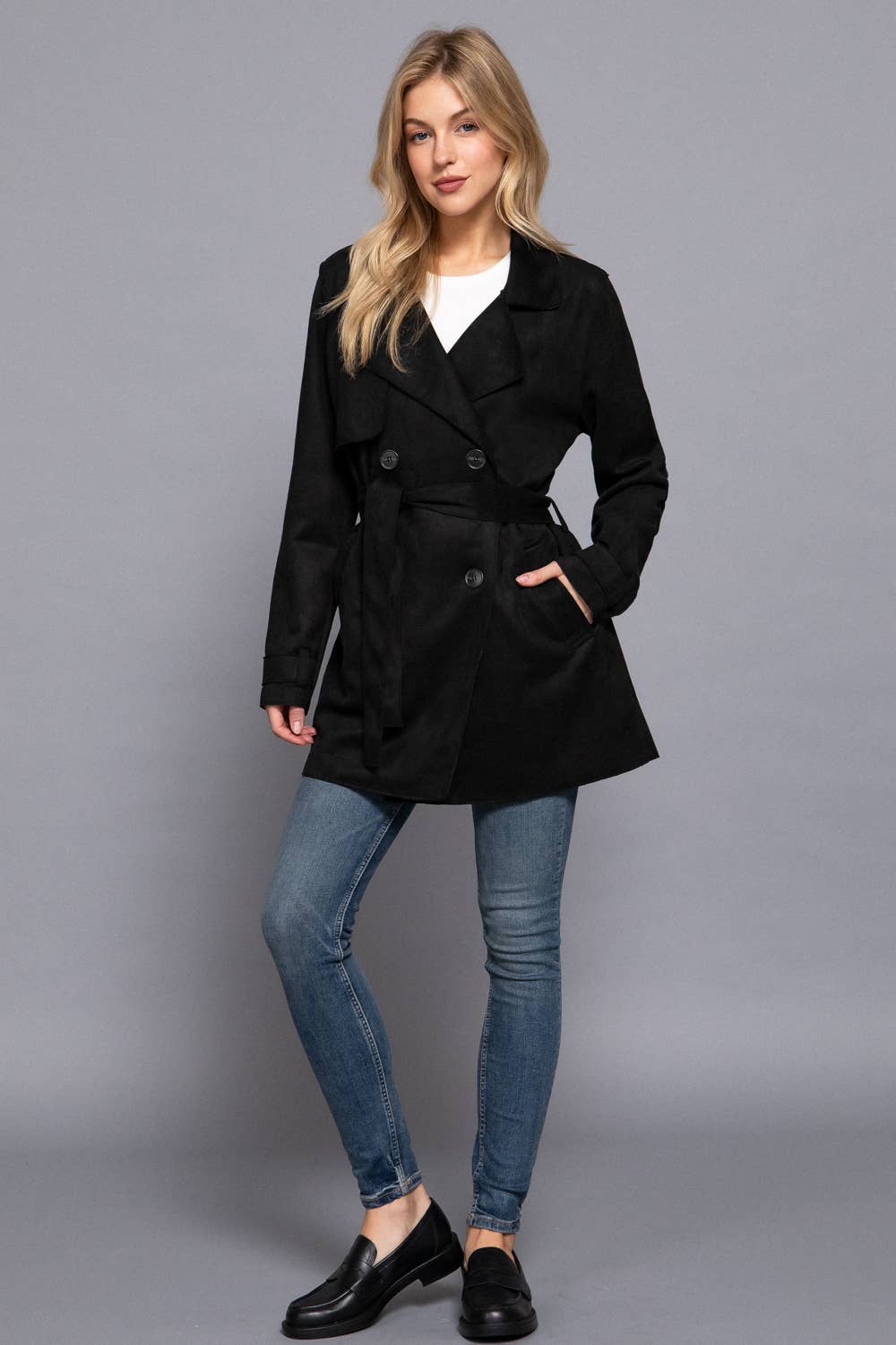BLACKY Belted Faux Suede Trench Coat