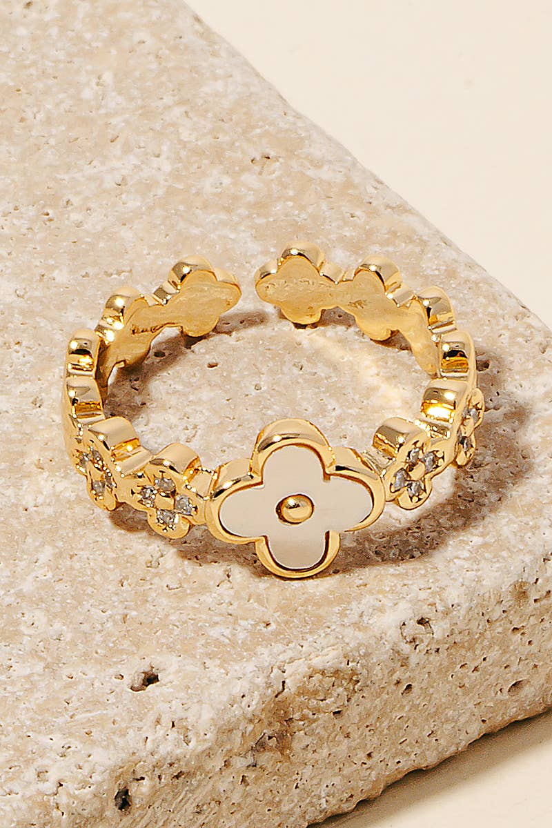 Gold Dipped Cz And Shell Clover Band Ring