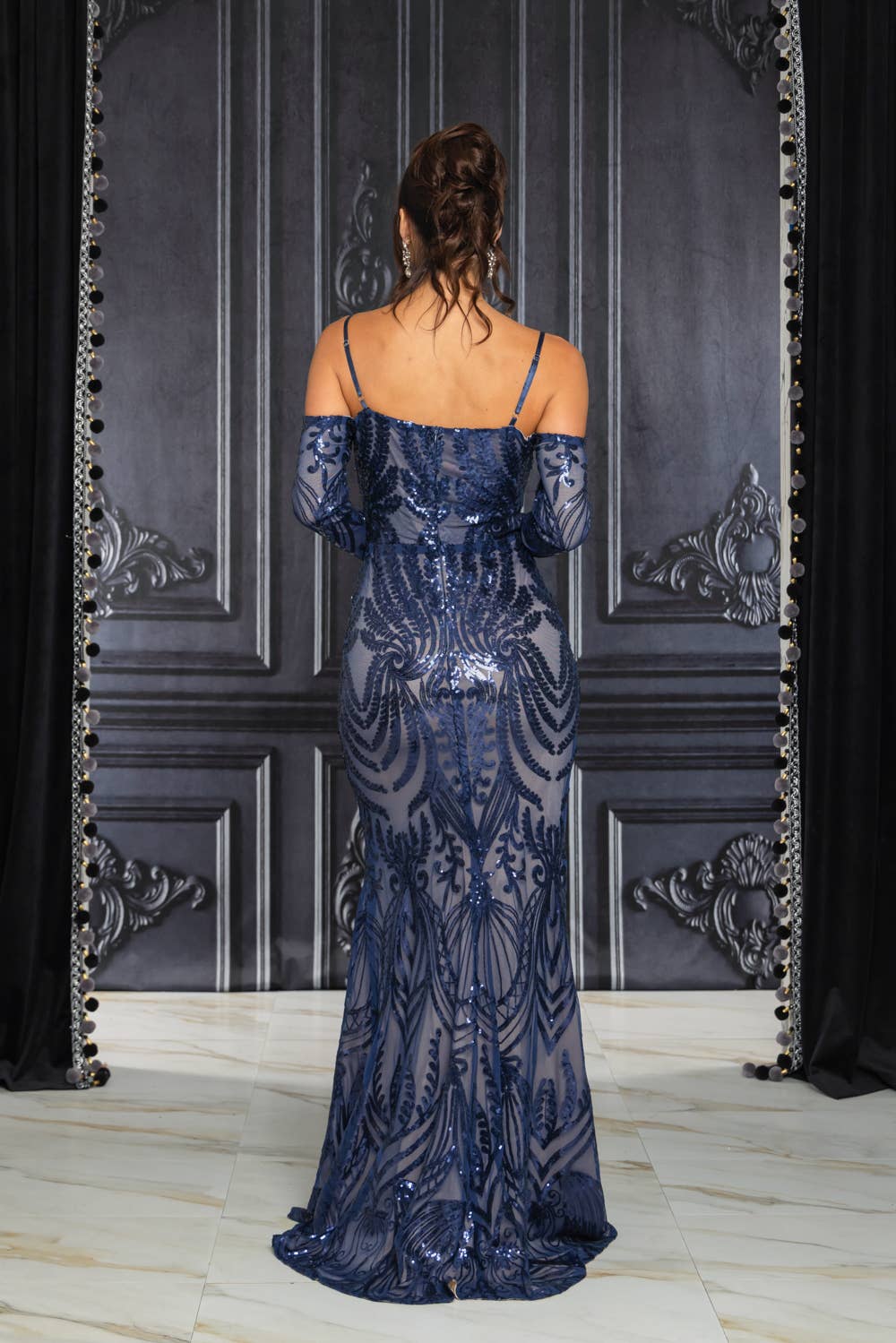 NAVY SEQUIN EVENING DRESS