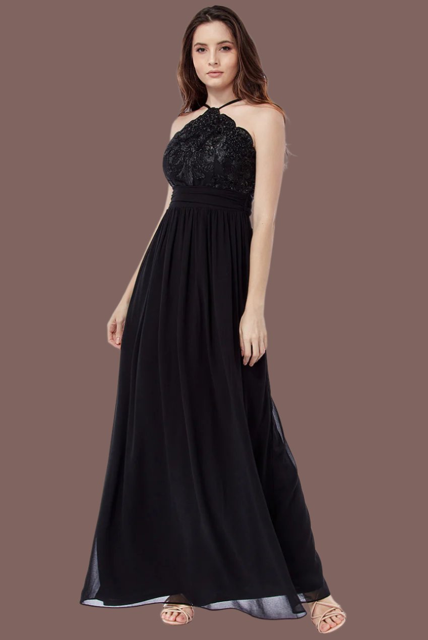 Lace Halter Neck Chiffon Dress