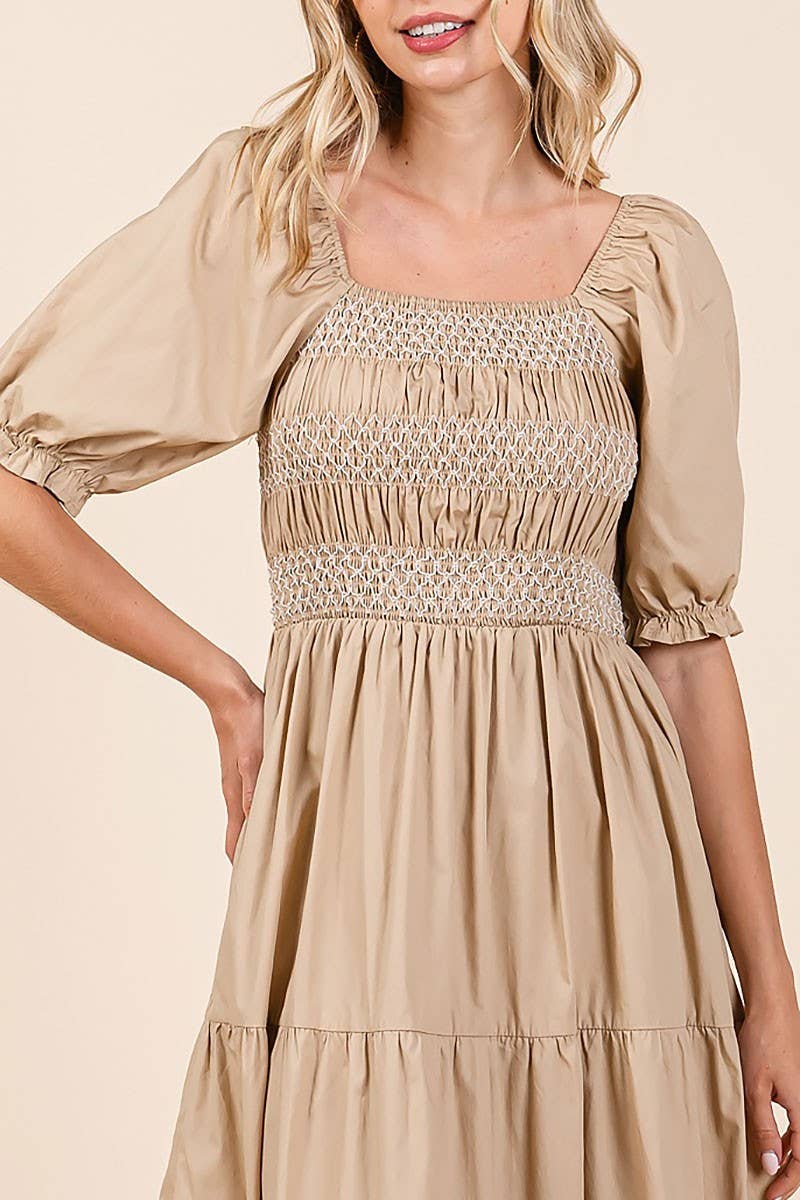 SMOCKED TIERED MIDI DRESS