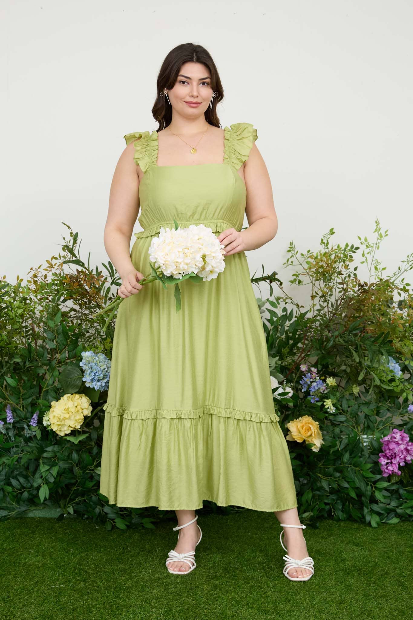 GREENY RUFFLE MIDI DRESS