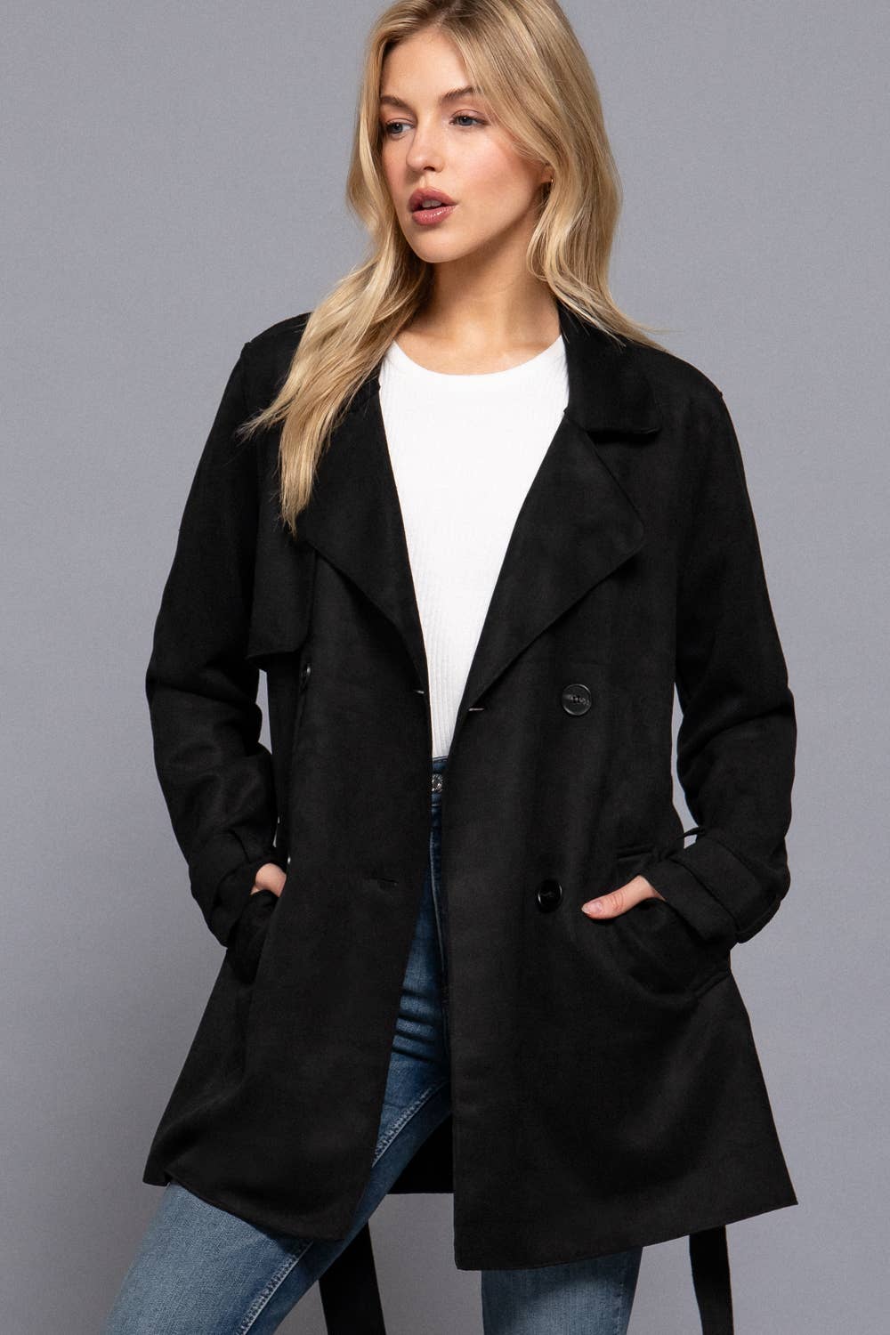 BLACKY Belted Faux Suede Trench Coat