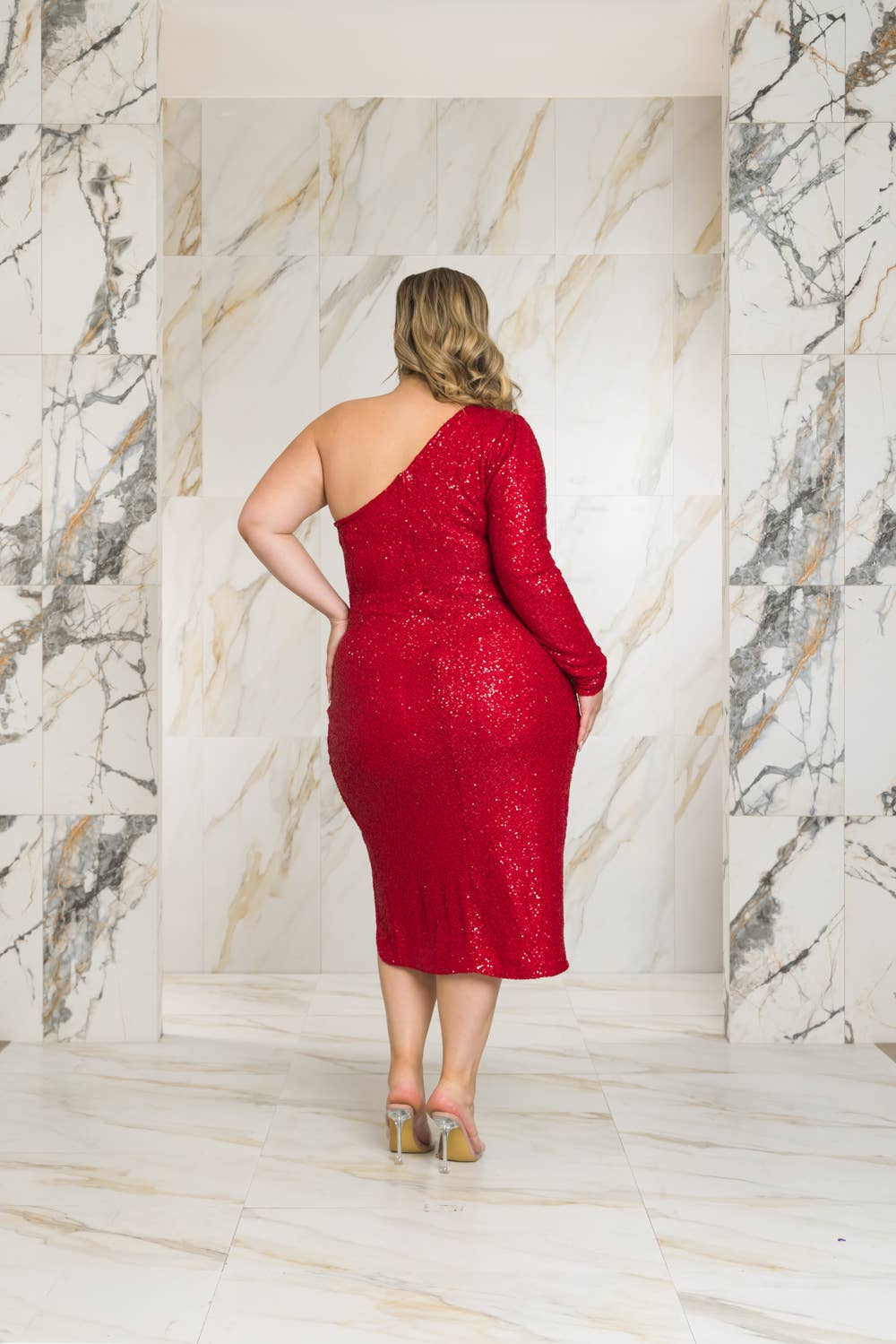 ONE SHOULDER SEQUIN MIDI DRESS