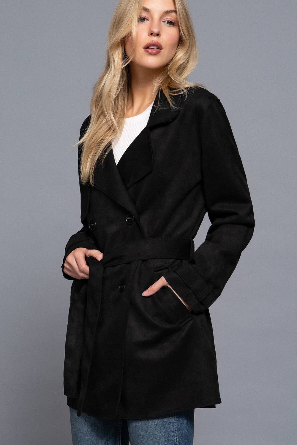BLACKY Belted Faux Suede Trench Coat