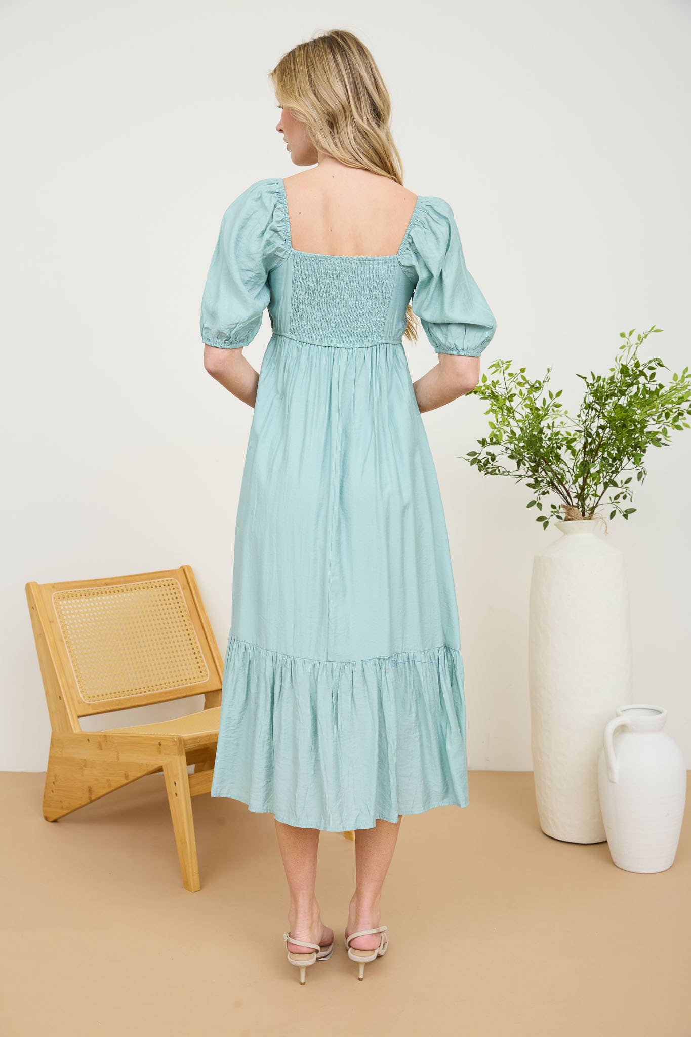 MINTY PUFF SLEEVE MIDI DRESS