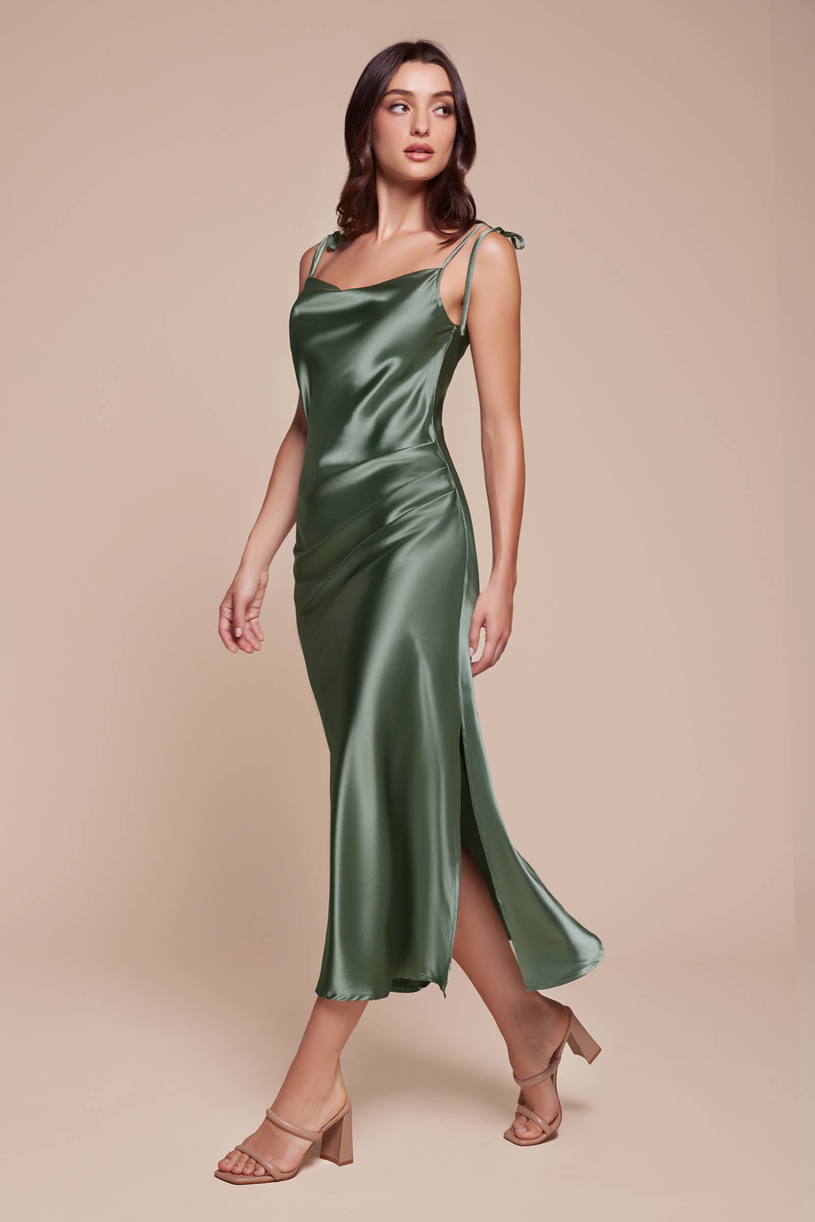 knee length dresses for ladies ADA Satin Midi Dress M / Moss Green