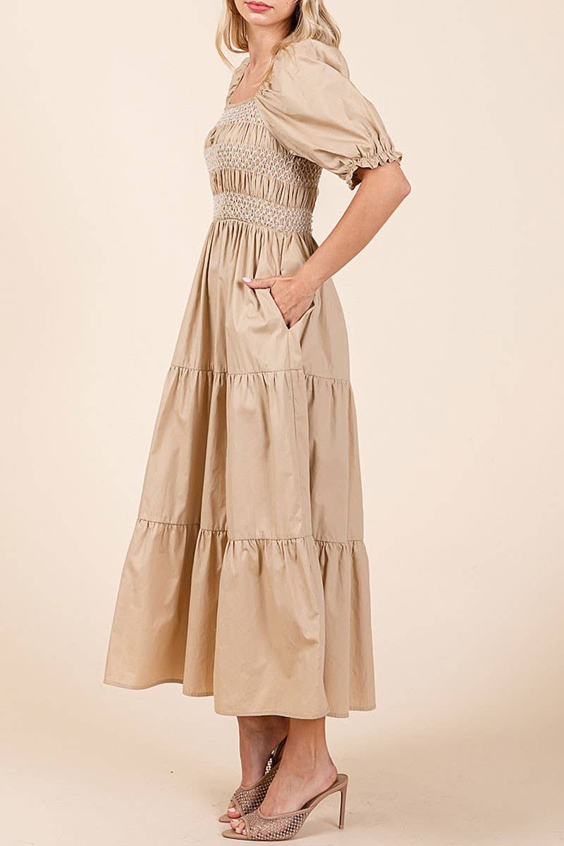 SMOCKED TIERED MIDI DRESS