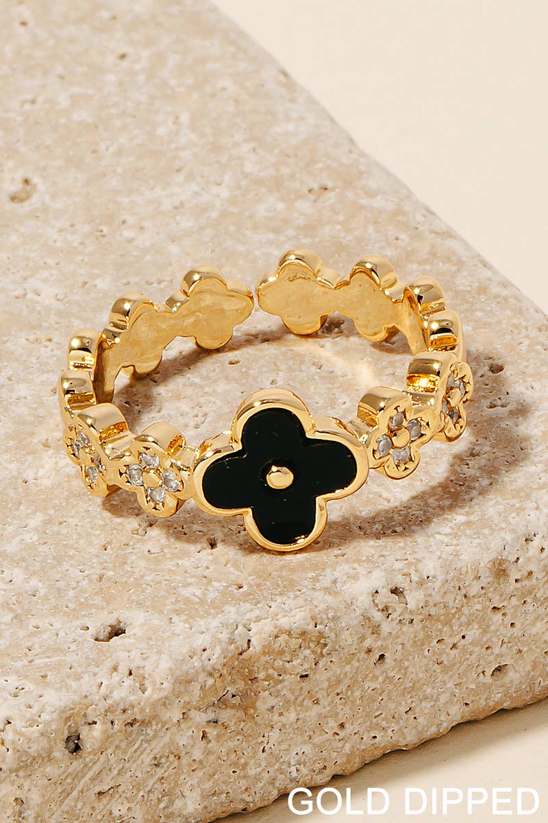 Gold Dipped Cz And Shell Clover Band Ring