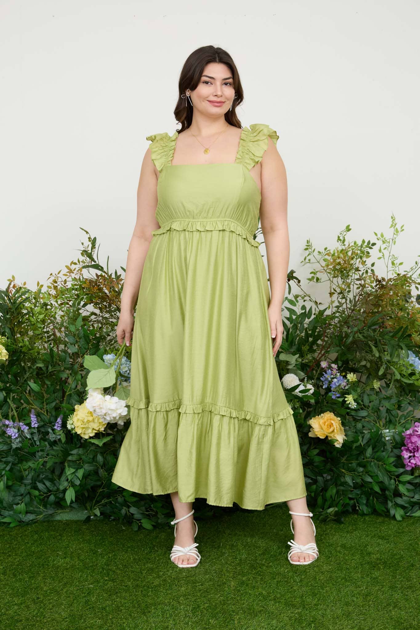 GREENY RUFFLE MIDI DRESS