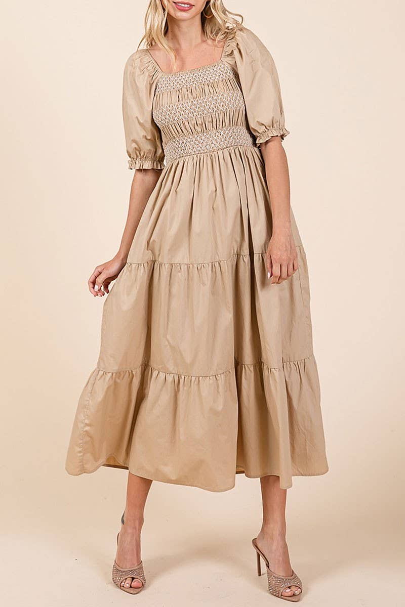 SMOCKED TIERED MIDI DRESS